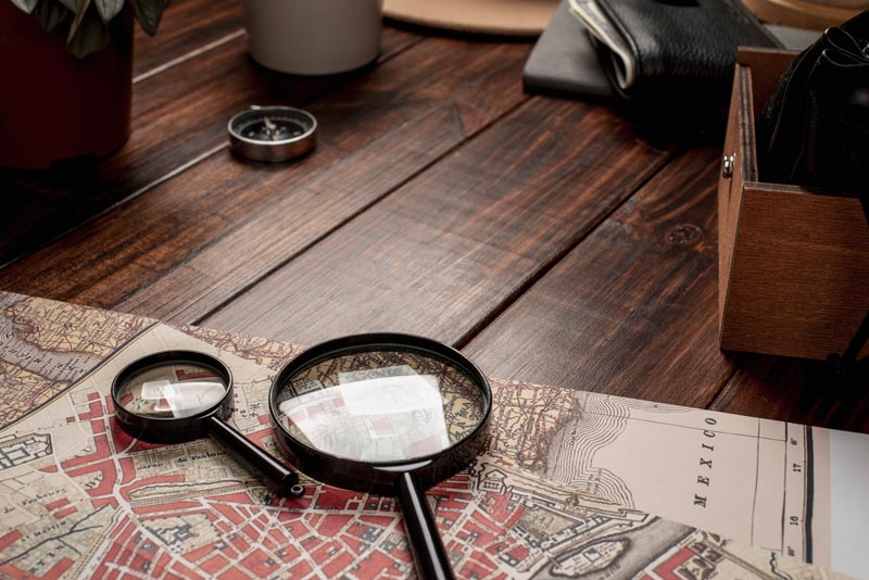 view world travel map with magnifying glass